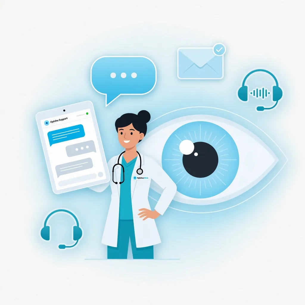 Ophthalmology resident with tablet and eye care support illustration