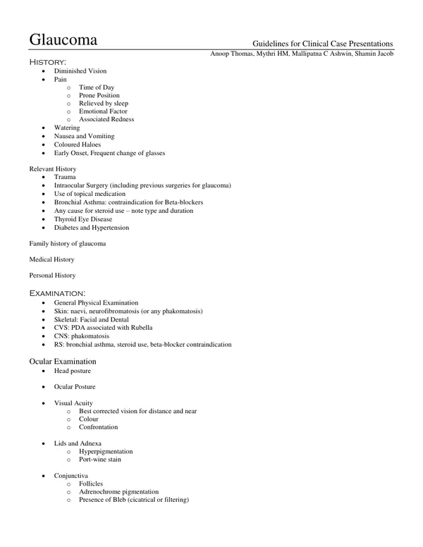 Glaucoma Clinical Case Presentation Guide